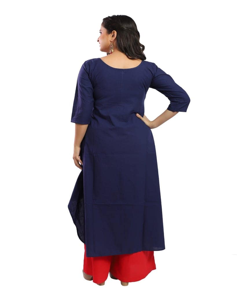 Blue Cotton Hand Embroidered Kurta view 4