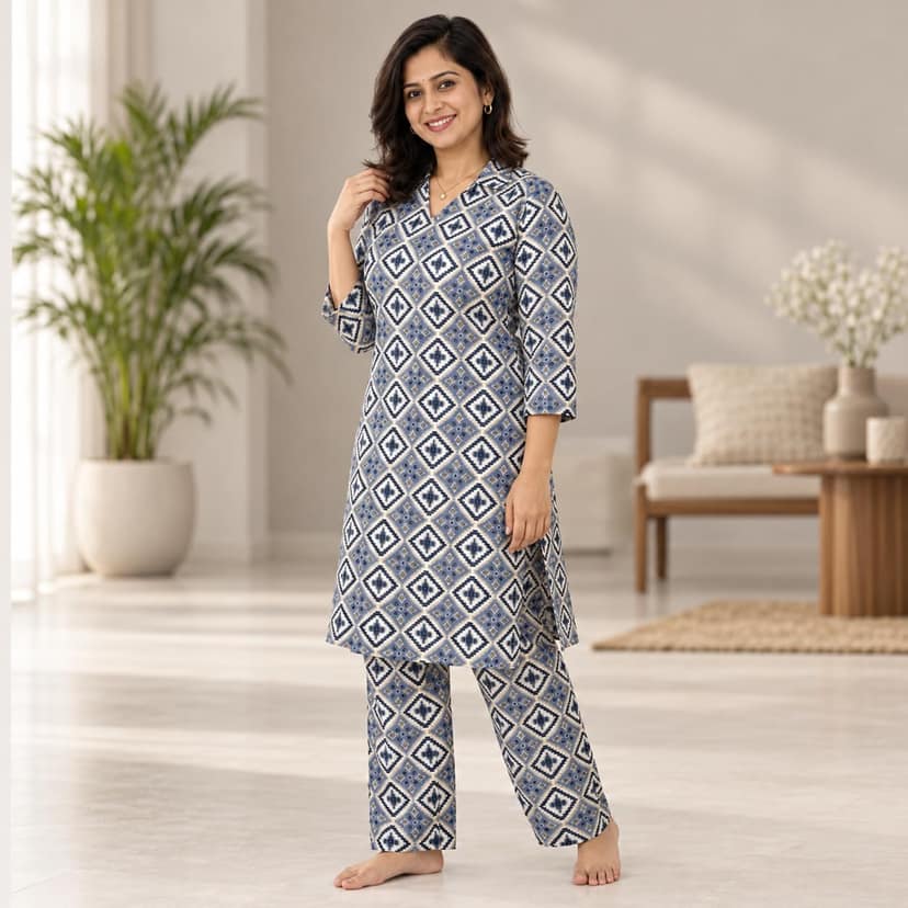 Mom and Me Women's Cotton Ethnic Co-Ord Set | Printed Kurta with 3/4 Sleeves & V-Neck Collar | Casual Summer Wear Co-Ord Set for Women (IN, Alpha, XL, Regular, Blue) view 2
