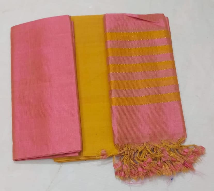 Pink and mustard yellow color pure handloom cotton silk dress with dhupatta view 2