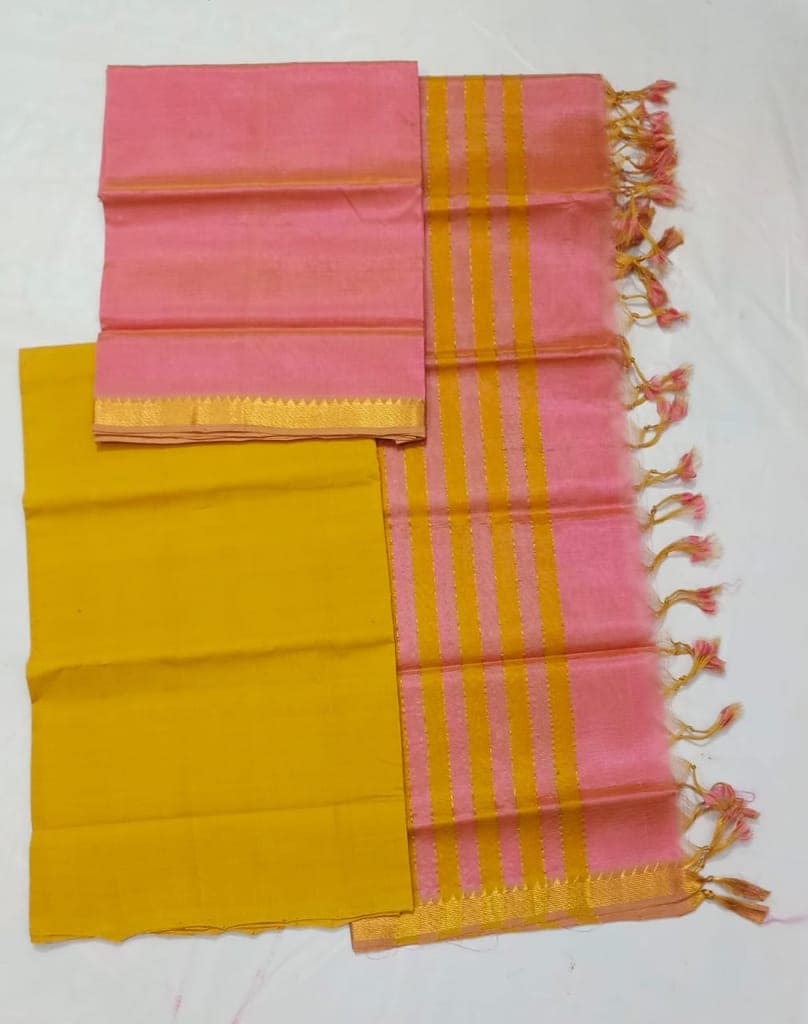 Pink and mustard yellow color pure handloom cotton silk dress with dhupatta view 3