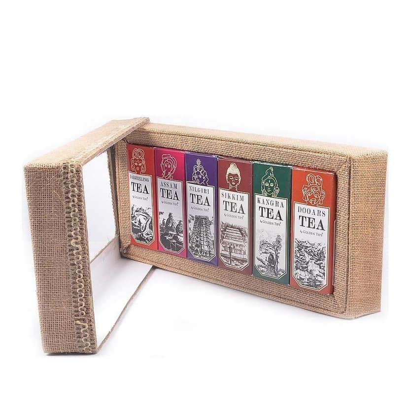 Golden Tips Combo of 6 in 1 Jute Box Darjeeling, Assam, Nilgiri, Sikkim, Kangra and Dooars 100% Natural Loose Leaf Tea (6 X 50 Gram) view 3