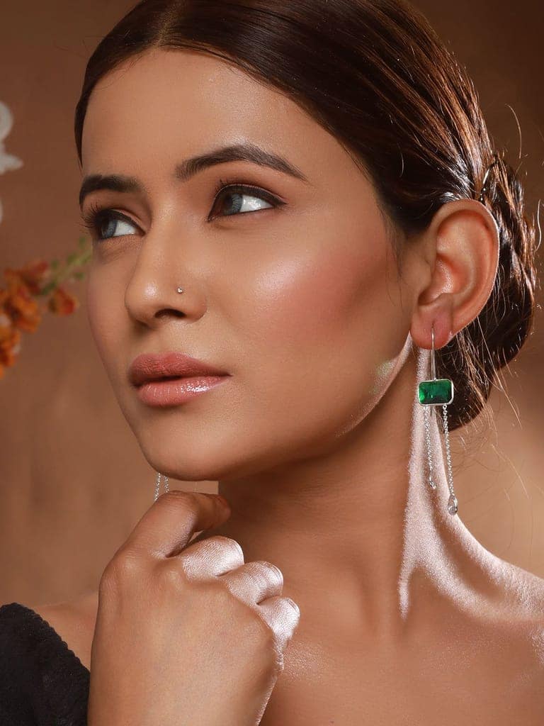 Silver Plated Green Crystal Dropdown Minimal Fishhook Earrings
