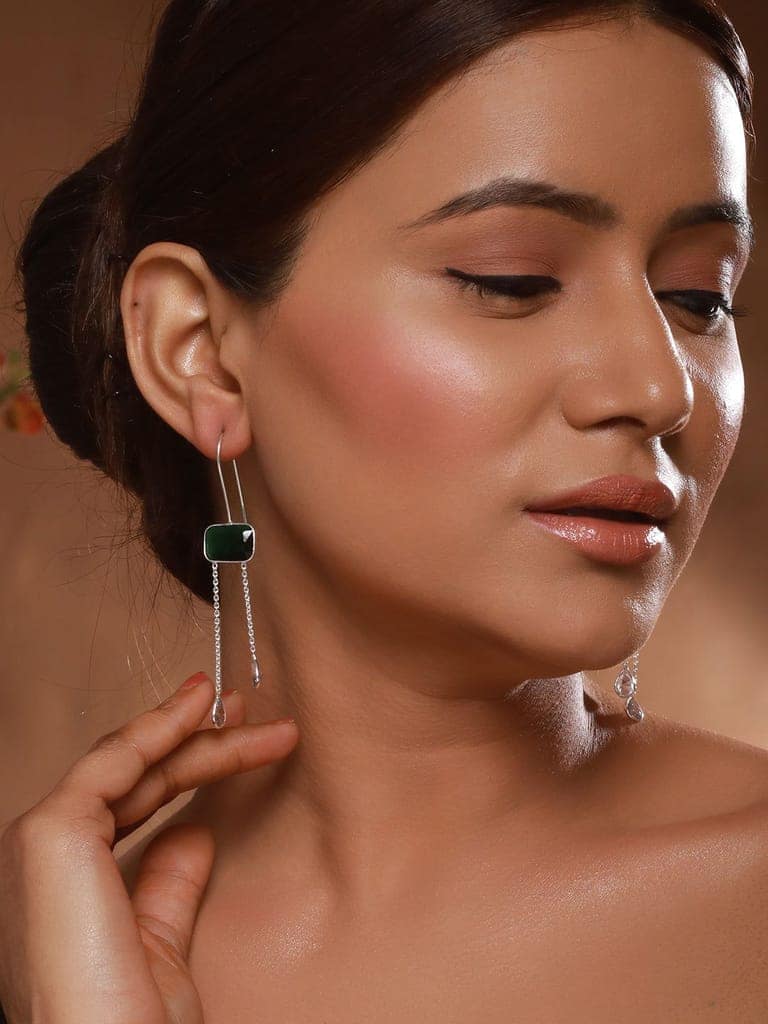 Silver Plated Green Crystal Dropdown Minimal Fishhook Earrings view 2