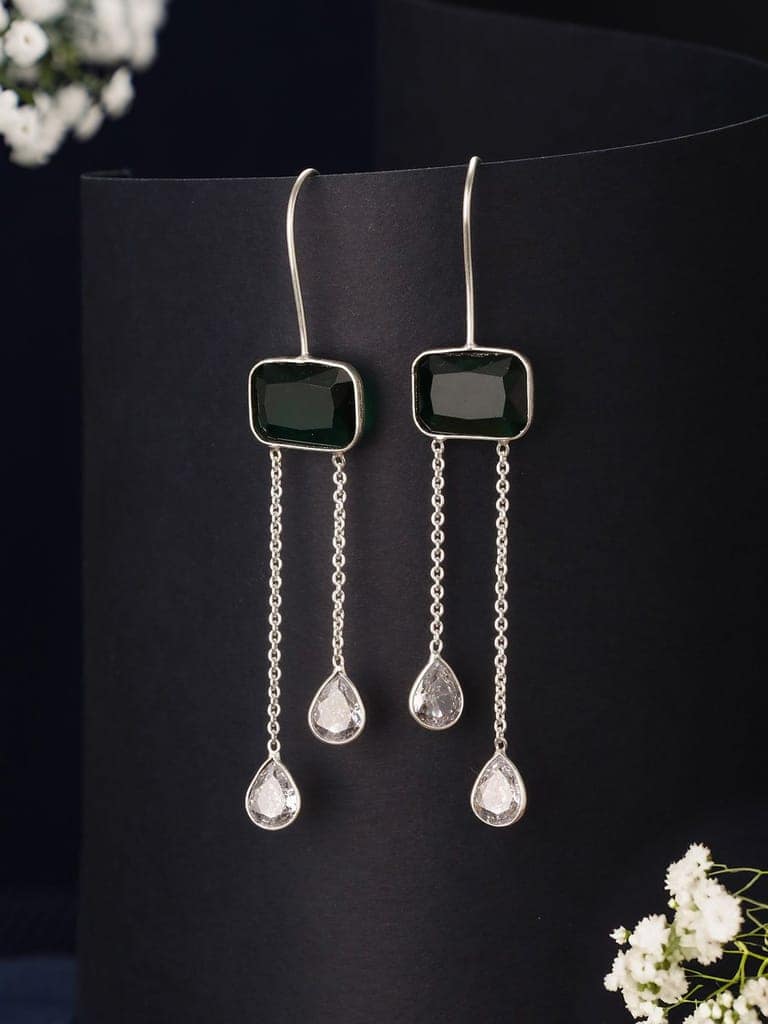 Silver Plated Green Crystal Dropdown Minimal Fishhook Earrings view 3