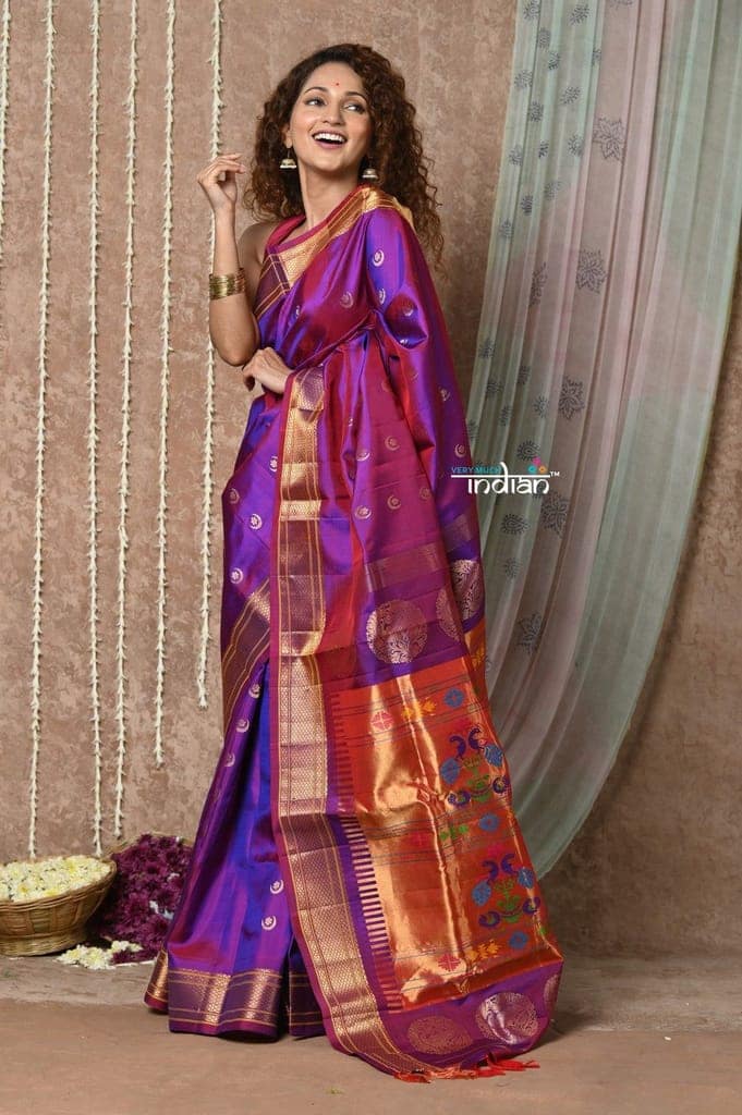 Tyohaar ~ Chandrakor: Handloom Pure Silk Maharani Paithani Saree with Traditional Maharani Pallu ~ Rani Pink (By Government Certified Weavers) view 3
