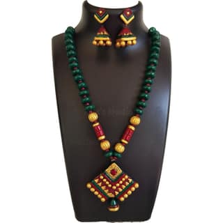 Maroon and Green Terracotta Necklace Set with Jhumkas