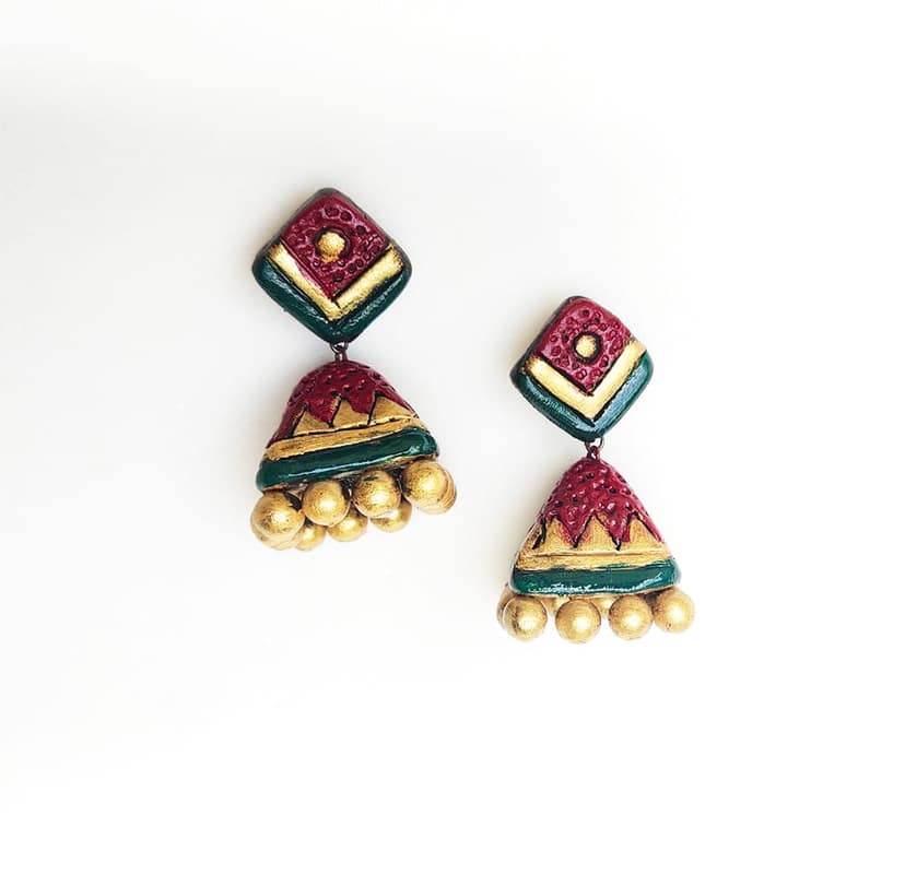 Maroon and Green Terracotta Necklace Set with Jhumkas view 2