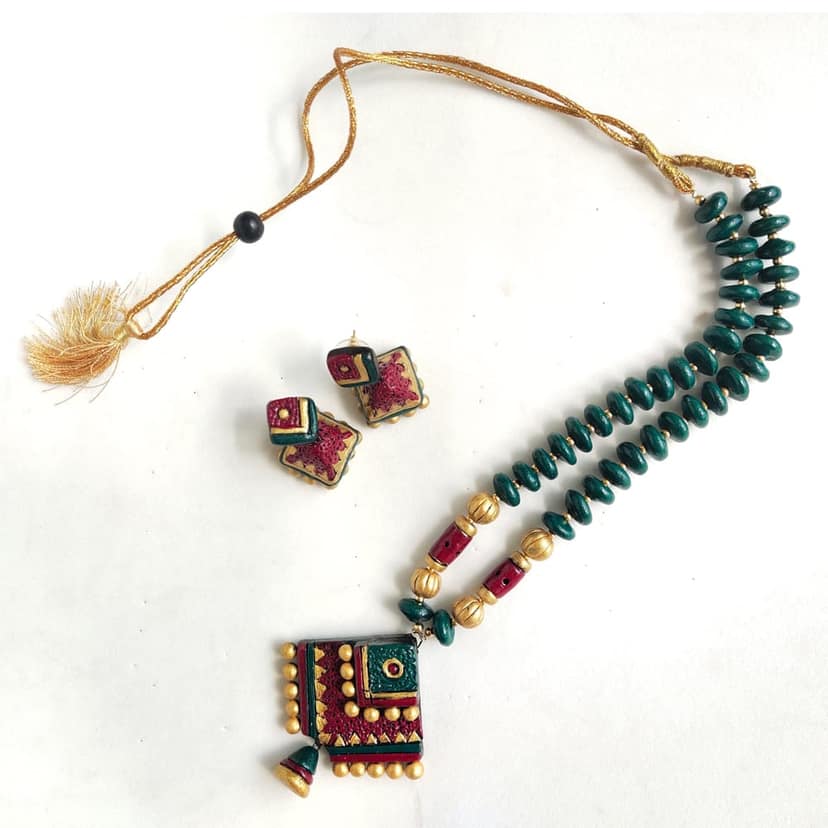 Maroon and Green Terracotta Necklace Set with Jhumkas view 3