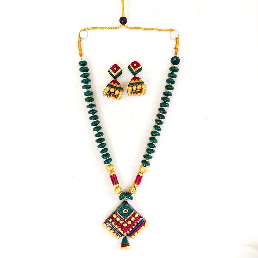 Maroon and Green Terracotta Necklace Set with Jhumkas view 4