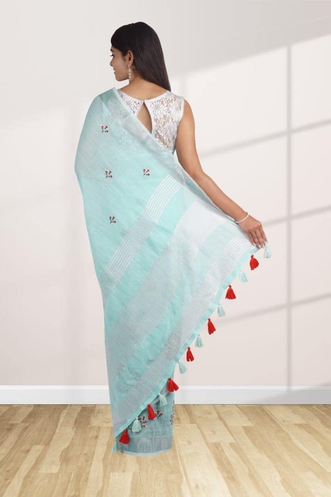 Sea Green Linen Saree With Modish Work view 2