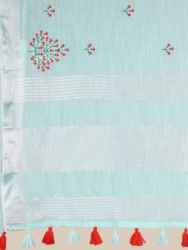 Sea Green Linen Saree With Modish Work view 3