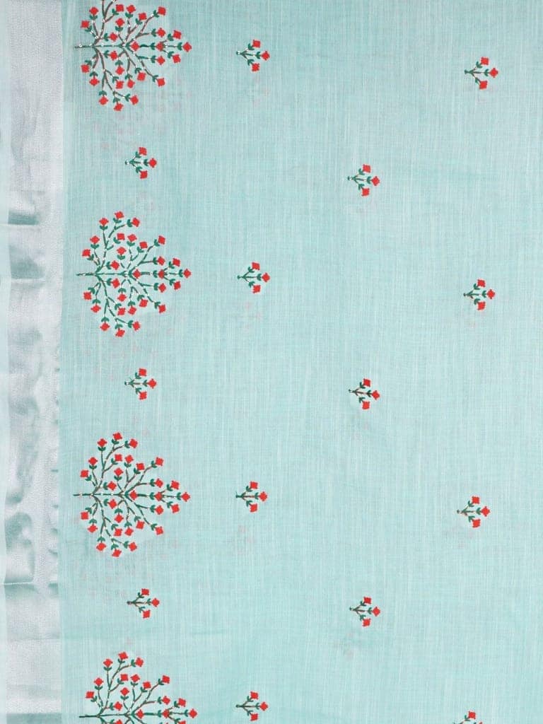 Sea Green Linen Saree With Modish Work view 4
