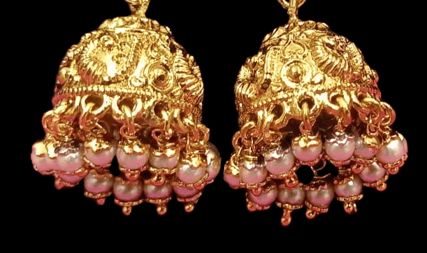 Gold Plated Traditional Indian Jhumka Earrings with Pearls view 3