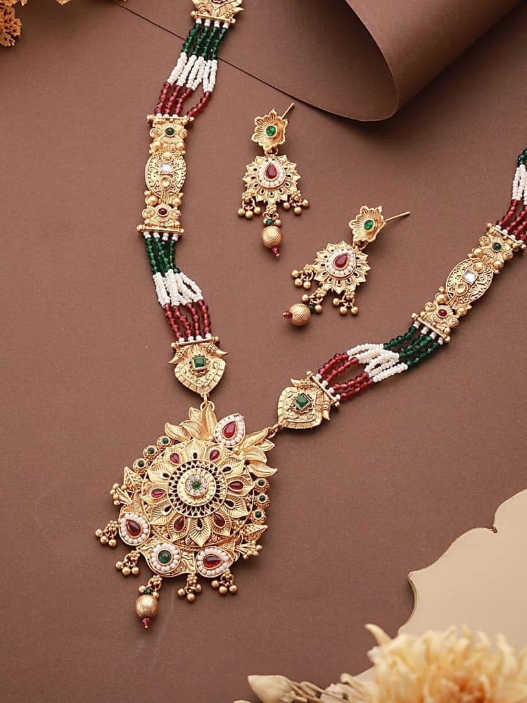 Gold Plated Fusion Stone Studded Pendant Long Maala Bridal Jewellery Set