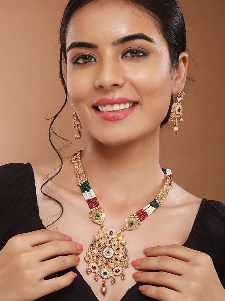 Gold Plated Fusion Stone Studded Pendant Long Maala Bridal Jewellery Set view 2