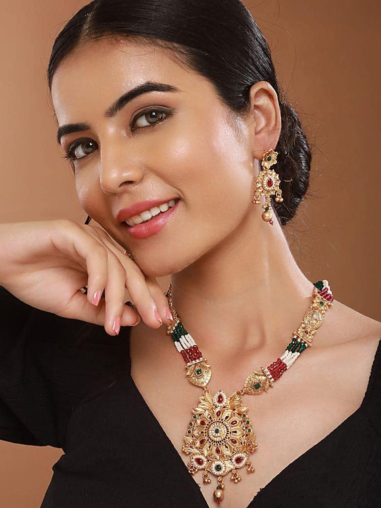 Gold Plated Fusion Stone Studded Pendant Long Maala Bridal Jewellery Set view 3