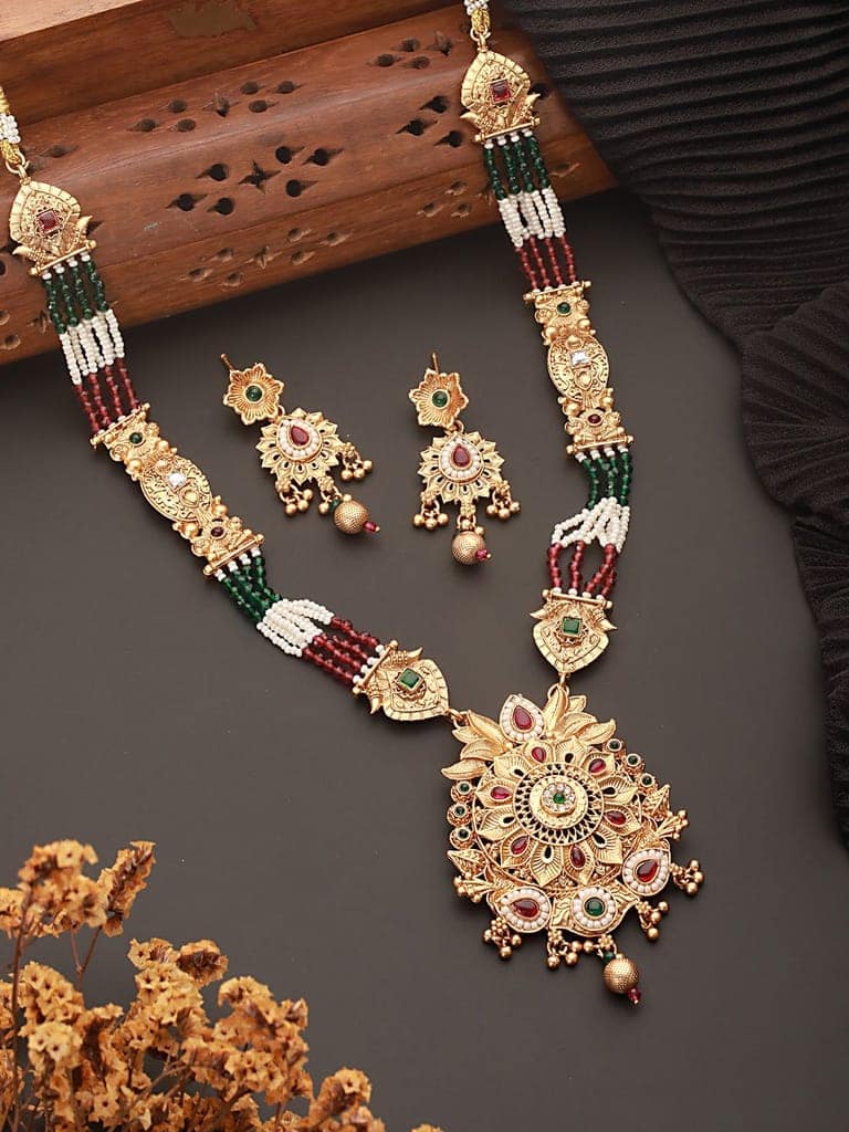 Gold Plated Fusion Stone Studded Pendant Long Maala Bridal Jewellery Set view 4
