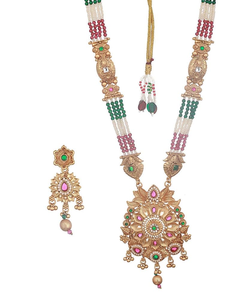 Gold Plated Fusion Stone Studded Pendant Long Maala Bridal Jewellery Set view 5