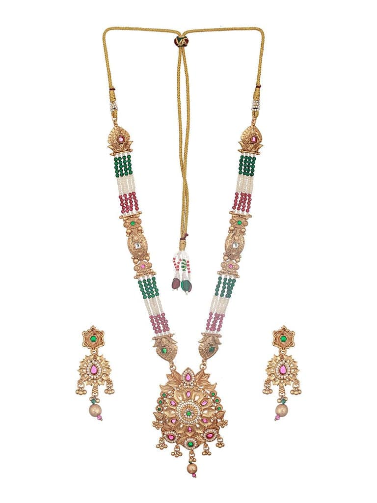 Gold Plated Fusion Stone Studded Pendant Long Maala Bridal Jewellery Set view 6