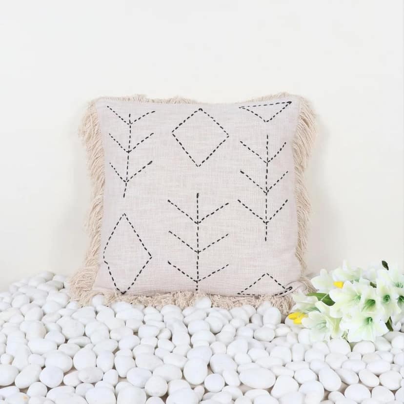 Indihomecraft Handicraft Cotton Cushion Cover - Hand Kantha Embroidery Decorative Art Boho Pillow Block Woven Pillow Cover | Square Shape 20X20 Inches Cushion Cover, Set of 1