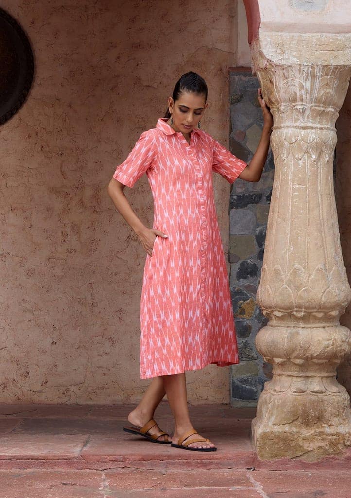 HOC Crafts Ikkat Cotton Solid Women's Short Dress - Peach view 2