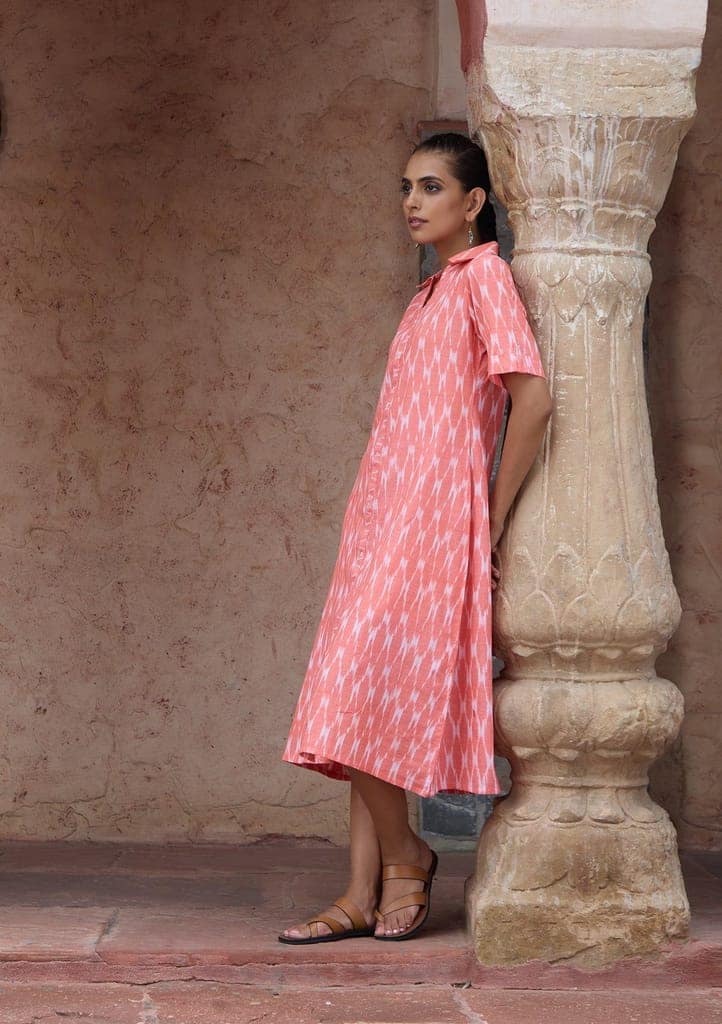 HOC Crafts Ikkat Cotton Solid Women's Short Dress - Peach view 3