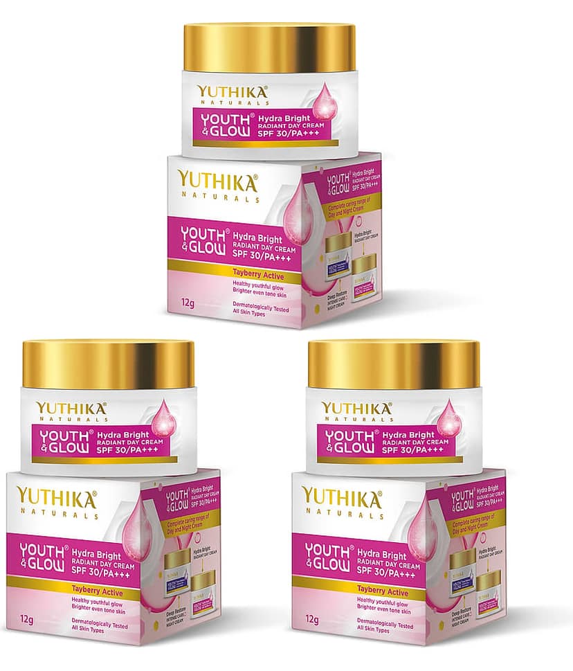 Yuthika Youth & Glow Hydra Bright Radiant Day Cream 12g Pack of 3, SPF30 PA+++ Dermatologically Tested, Tayberry Active Face Cream