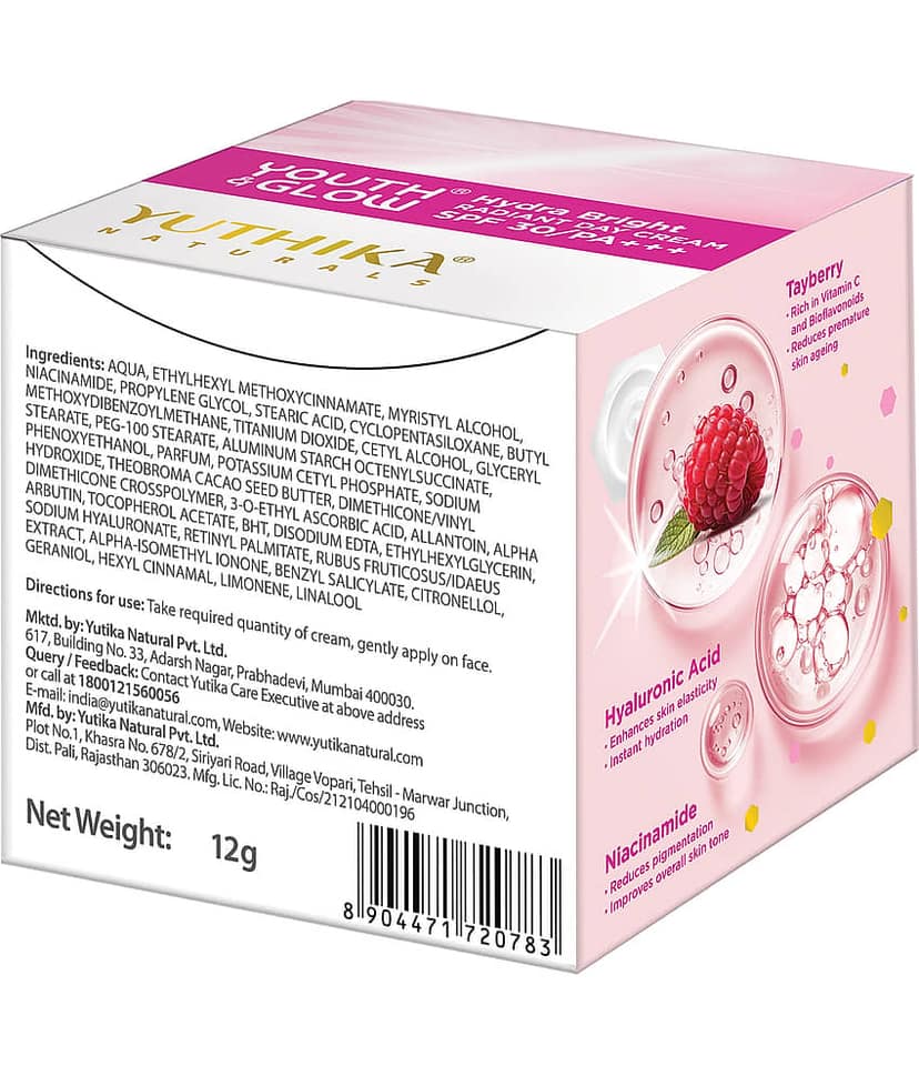 Yuthika Youth & Glow Hydra Bright Radiant Day Cream 12g Pack of 3, SPF30 PA+++ Dermatologically Tested, Tayberry Active Face Cream view 2