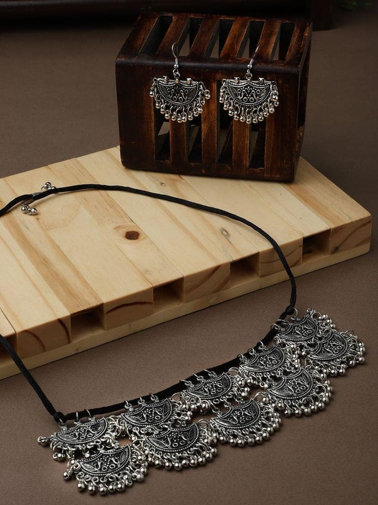 Cardinal Oxidized Silver Color Choker Necklace Set view 2