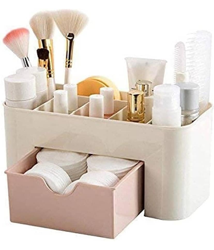 KP Mart Multi Functional Makeup Storage Box with Holder Dust Proof Cosmetic Organizer Water Proof Box for Desktop Bathroom, Dresser, Vanity and Countertop Cosmetic Box Plastic