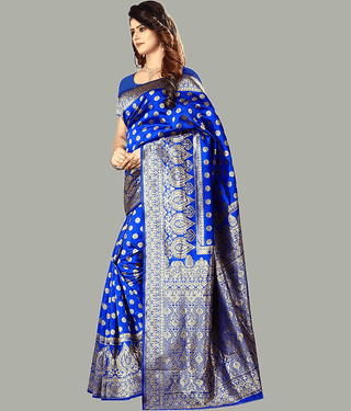 GARIYA Banarasi Silk Embellished Saree With Unstitched Blouse Piece ( Blue )