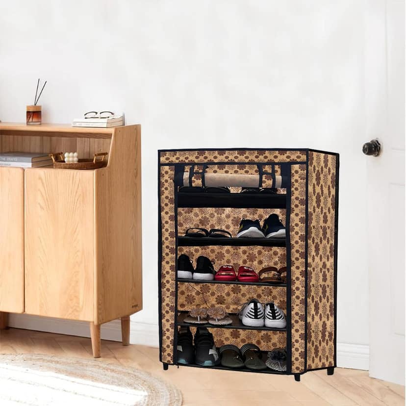 PHILOSHOP 5-Tier Metal Shoe Rack with Dustproof Cover – Space-Saving Storage Organizer for Entryway