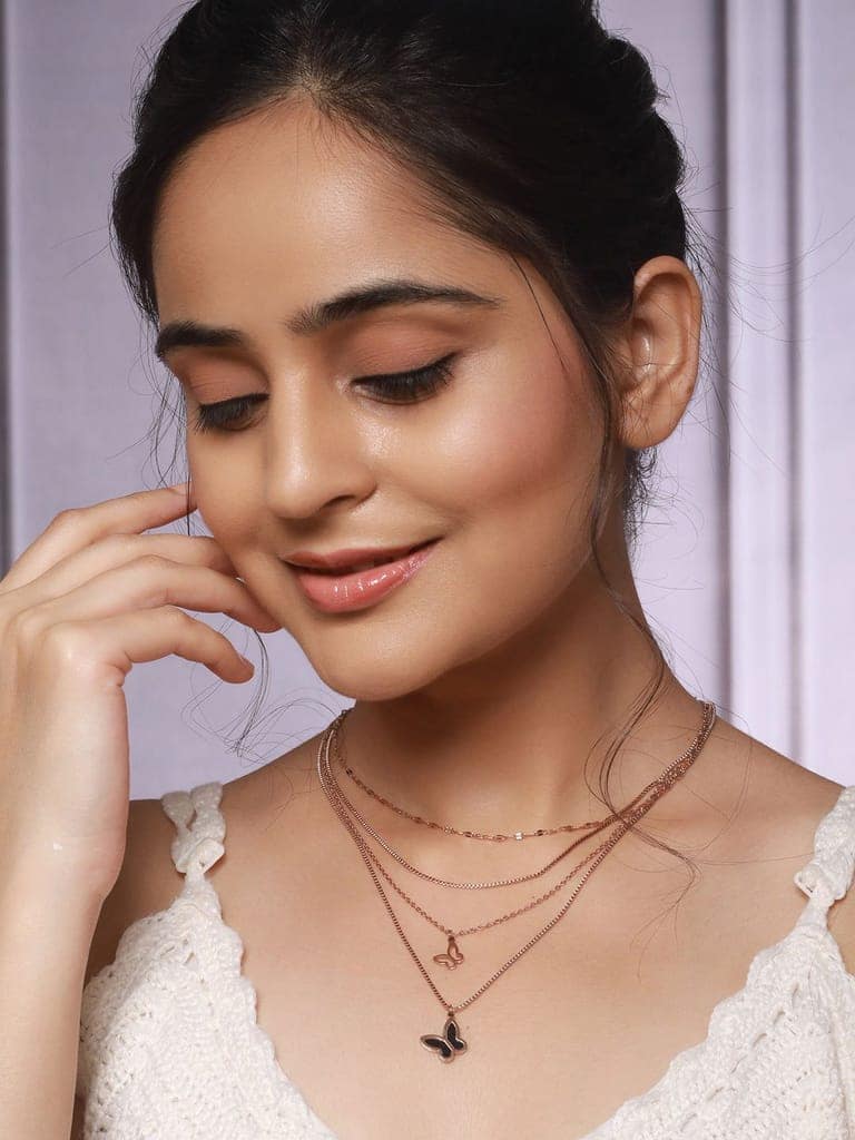Anti-Tarnish Rose Gold 4 layered Chunky Shadow Butterfly Pendant Necklace & Chain view 2