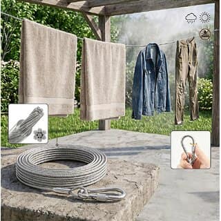 Heavy Duty Clothes Drying Rope 5 Meter with Hooks Strong Steel Clothesline for Balcony, Travel, Camping Home Use