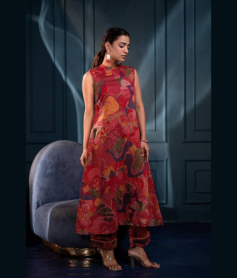 Juniper Women Printed Tunic With Trousers Co-Ord Set ( Red ) view 2