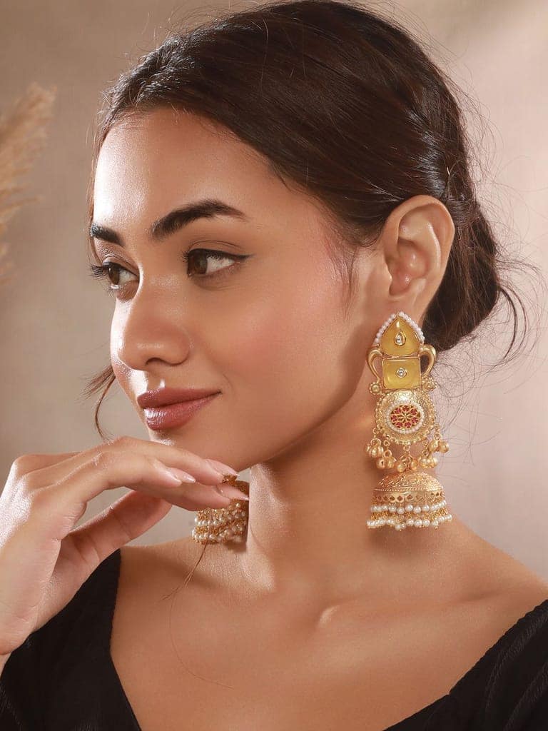 Gold Toned Yellow Stone & Kundan Lightweight Statement Large Jhumka Earrings view 2