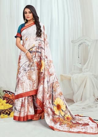 Digital Printed Cotton Silk Saree in Off White and Multicolor