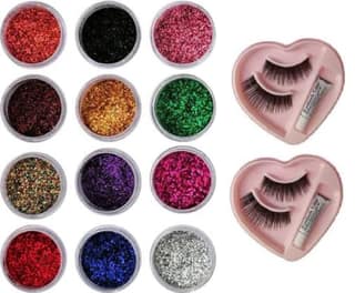 Elecsera Dusty Glitter Eye-shadow for Girls / Women with 2 False Eyelash (14 Items in the set)