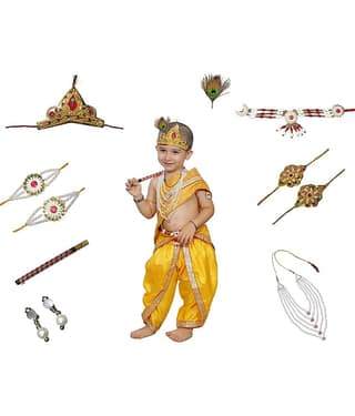 Kaku Fancy Dresses Krishna Costume for Kids Infant Baby Krishna Dress for Boys (Yellow Dhoti, Patka(Stole), Belt, Mukut, 5 Layer Pearl Mala, Bajuband, Earrings, Bansuri & Morpankh)