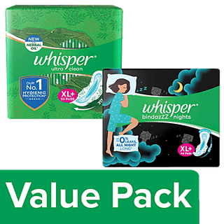 Whisper Bindazzz Nights Sanitary Pads XL+ 44pcs + Ultra Clean Sanitary Pads - XL+ 50pcs, Combo (2 Items)