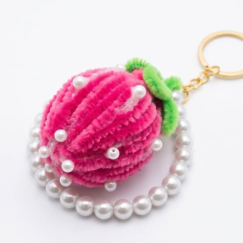 Handcrafted Strawberry Plush Keychain with Pearl Border (Pink) view 2