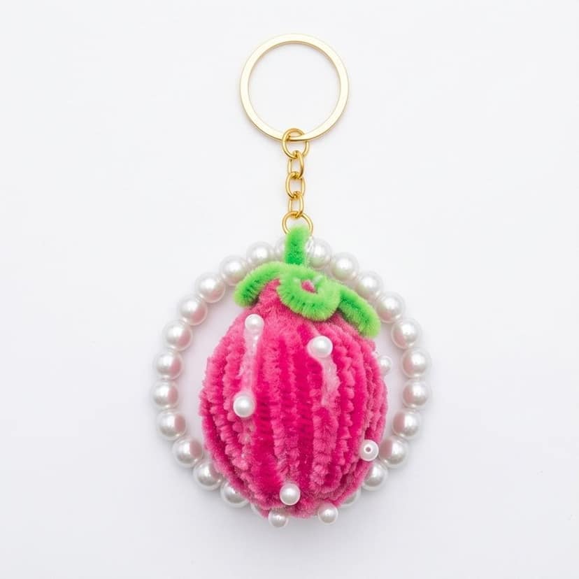 Handcrafted Strawberry Plush Keychain with Pearl Border (Pink) view 4