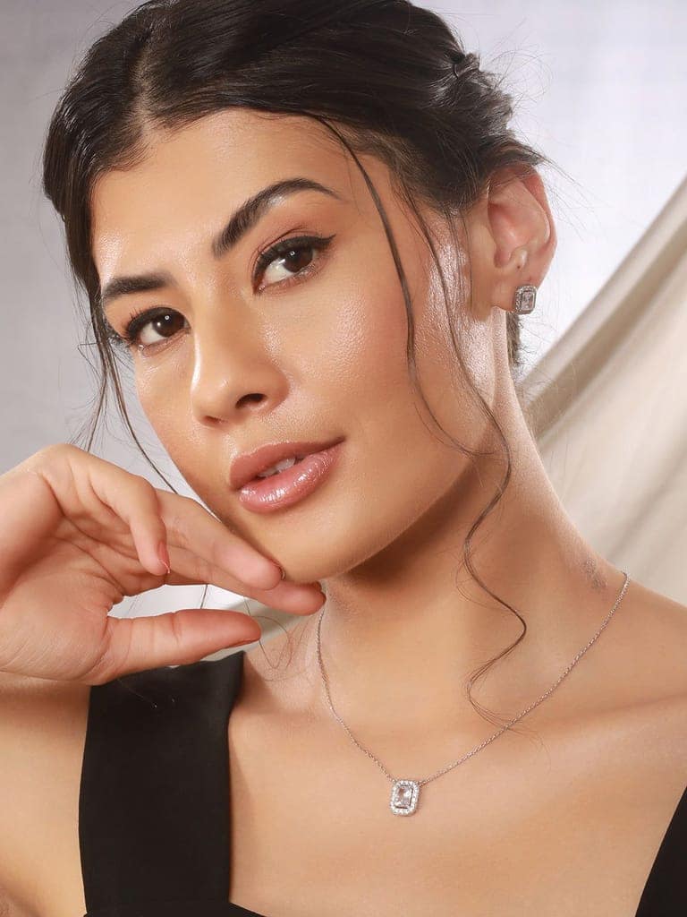 925 Sterling Silver Cz Studded Geometric Halo Solitaire Pendant Jewellery Set view 4