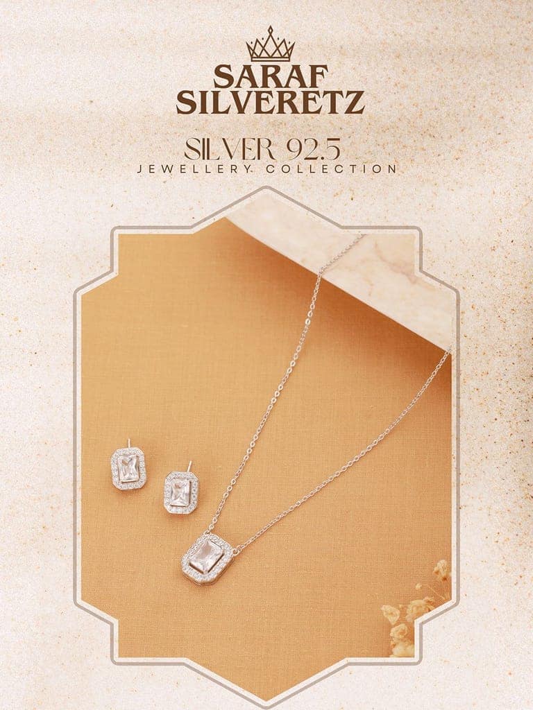 925 Sterling Silver Cz Studded Geometric Halo Solitaire Pendant Jewellery Set view 5