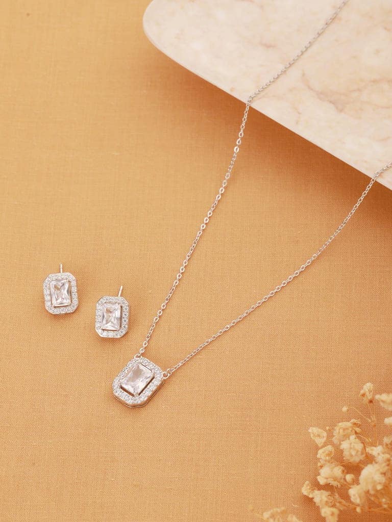 925 Sterling Silver Cz Studded Geometric Halo Solitaire Pendant Jewellery Set view 6