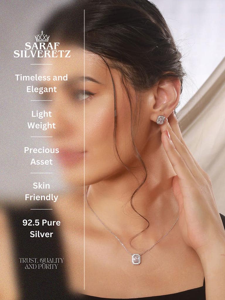 925 Sterling Silver Cz Studded Geometric Halo Solitaire Pendant Jewellery Set view 7