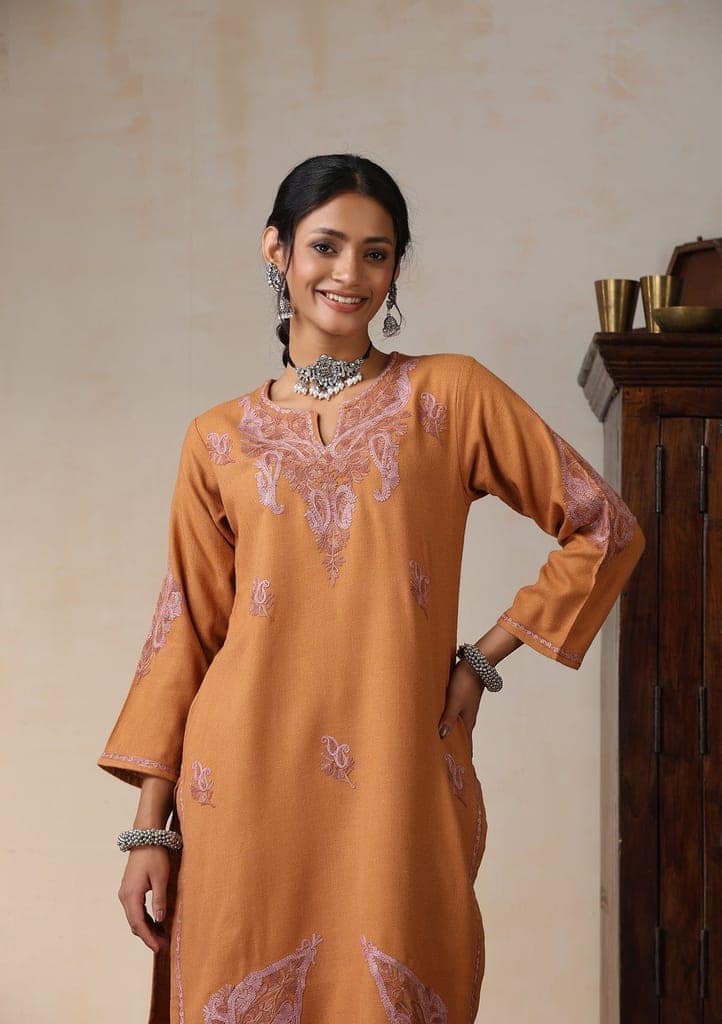 HOC Crafts Aari Embroidered Woollen Solid Women's Long Kurta - Rust view 5