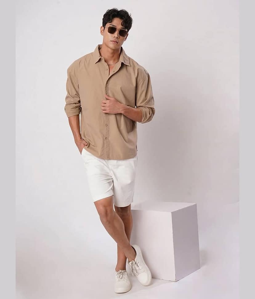 Bene Kleed 100% Cotton Oversized Fit Solids Full Sleeves Men's Casual Shirt - Beige ( Pack of 1 ) view 5