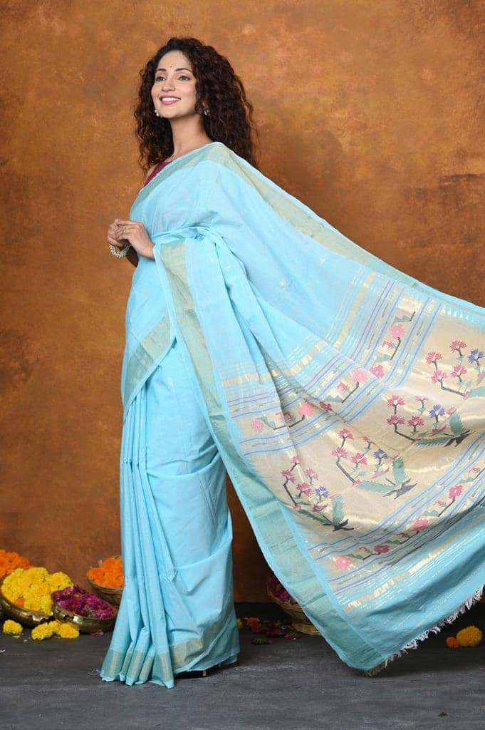 EXCLUSIVE! Handloom Pure Cotton Paithani With Asawali Pallu~Sky Blue
