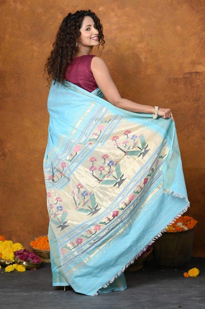 EXCLUSIVE! Handloom Pure Cotton Paithani With Asawali Pallu~Sky Blue view 2